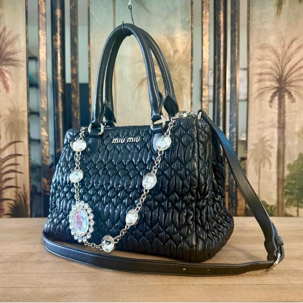 Miu Miu Black Matelassé Nappa Leather Crystal 2-Way Handbag Shoulder Tote Bag - Picture 3 of 16